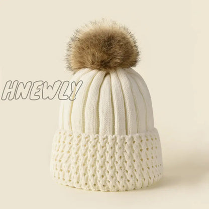 xsrrr Women Winter Solid Knitted Hat Casual Brimless Big Fur Pompom Hat for Females Winter Warm Fashion Leisure Ladies Caps