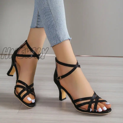 Hnewly Women's Ankle Strap Gladiator Sandals Women High Heels Cross Straps Gold Sandalias Mujer Summer Shoes Woman New Sandals