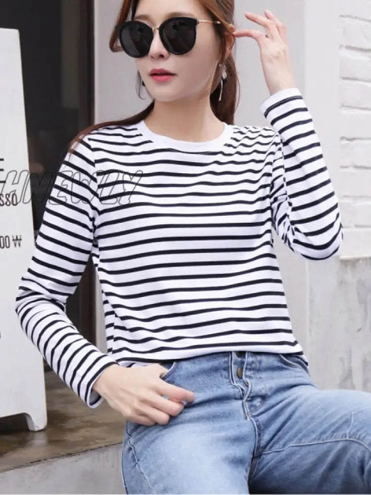 xsrrr Women's Autumn Long Sleeve T Shirt O-Neck Striped Cotton Tops For  Women Casual T-Shirts Plus Size 3XL Women Tees Blusa