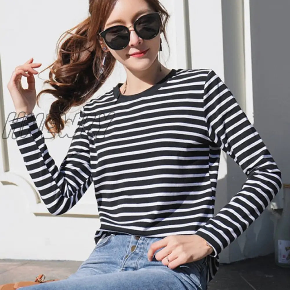 xsrrr Women's Autumn Long Sleeve T Shirt O-Neck Striped Cotton Tops For  Women Casual T-Shirts Plus Size 3XL Women Tees Blusa