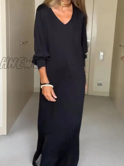 xsrrr Women's Casual Dress Black Dress Plain Dress Long Dress Maxi Dress Split Daily Date Going out Fashion Basic V Neck Long Sleeve 2024 Regular Fit Black Color