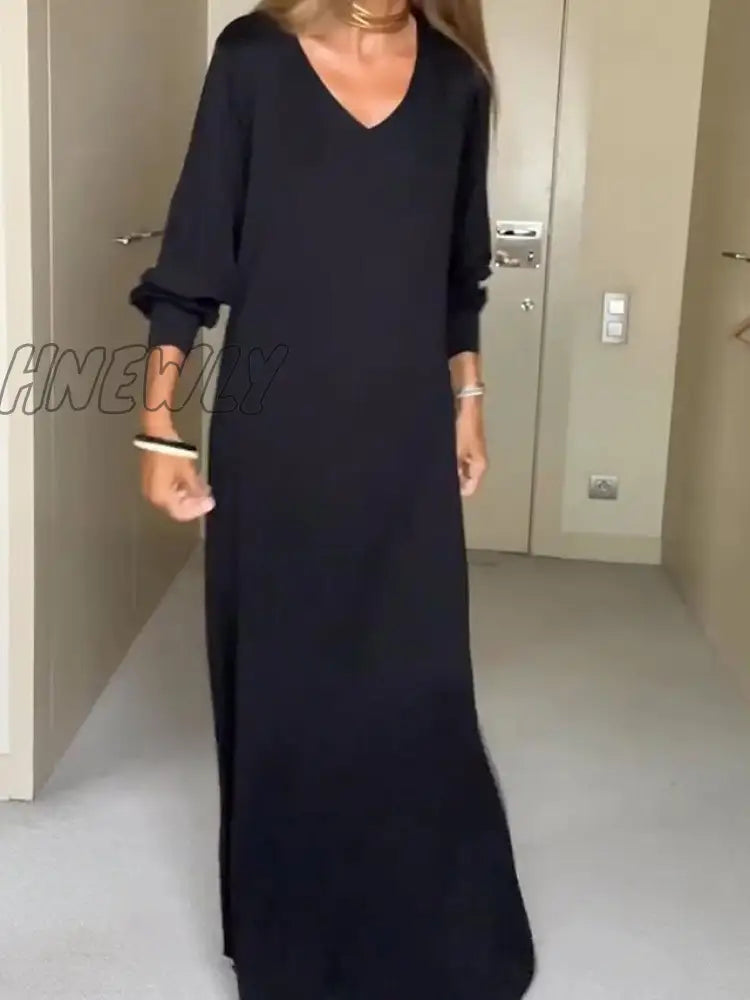 xsrrr Women's Casual Dress Black Dress Plain Dress Long Dress Maxi Dress Split Daily Date Going out Fashion Basic V Neck Long Sleeve 2024 Regular Fit Black Color