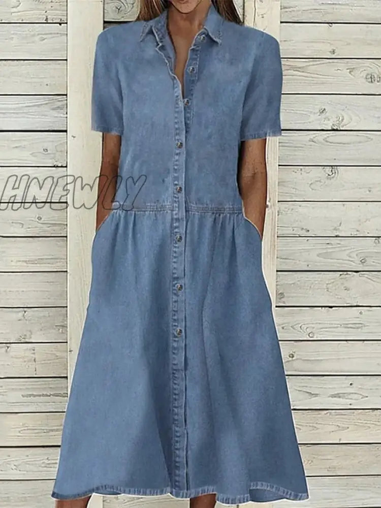 xsrrr Women's Casual Dress Denim Shirt Dress Maxi long Dress Denim Basic Modern Outdoor Daily Vacation Shirt Collar Button Pocket Short Sleeve Summer Spring Fall 2024 Regular Fit Blue Pure Color S M L XL