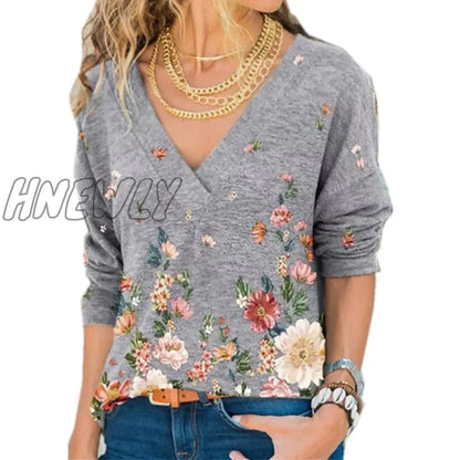 xsrrr Women's Clothing Autumn and Winter New Fashion Women's V-neck Flower Print Long-sleeved Casual Loose T-shirt Plus Size Spring Outfits Trends