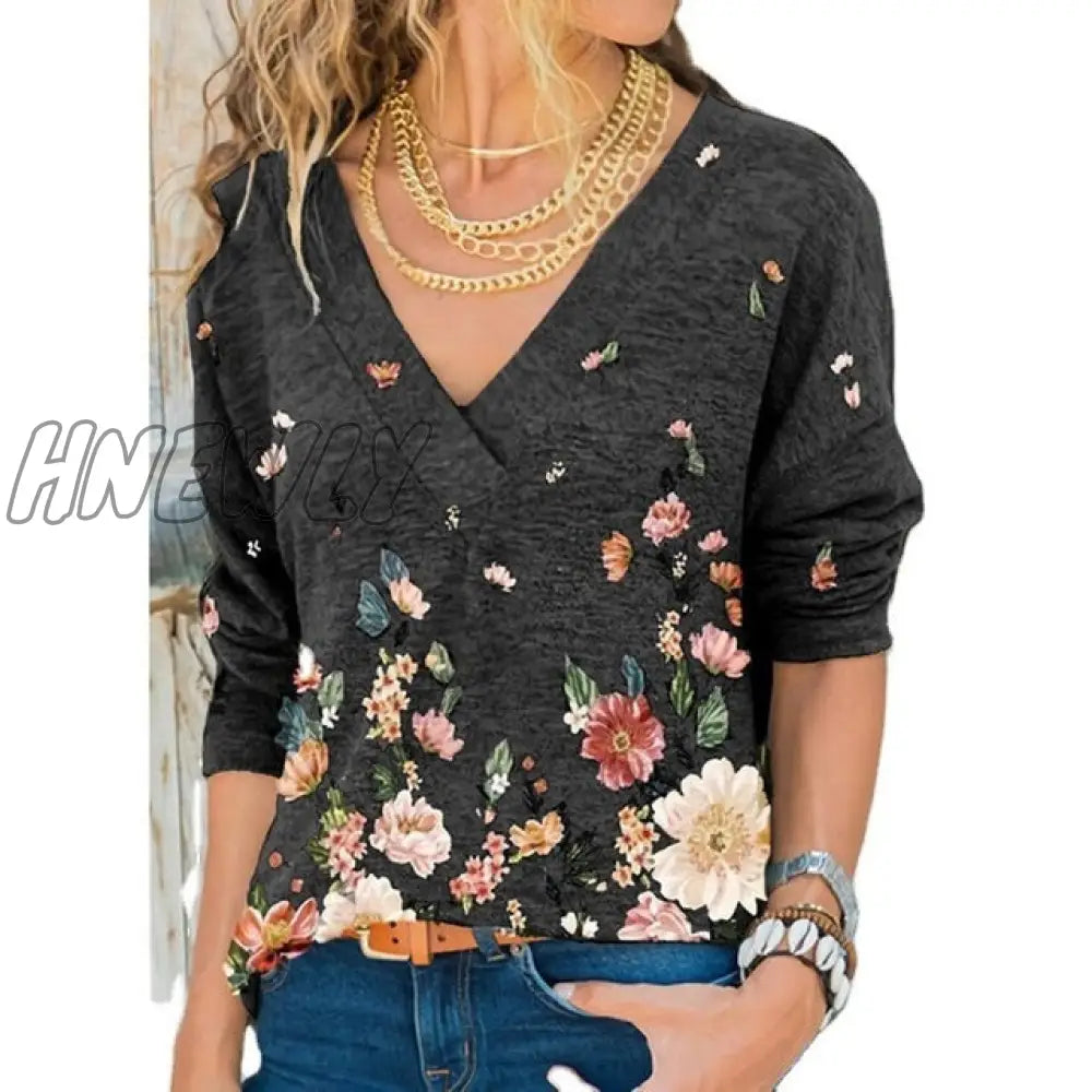 xsrrr Women's Clothing Autumn and Winter New Fashion Women's V-neck Flower Print Long-sleeved Casual Loose T-shirt Plus Size Spring Outfits Trends