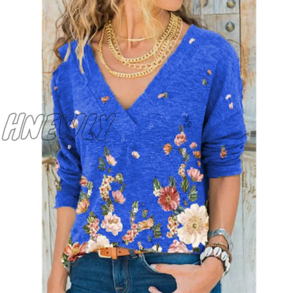 xsrrr Women's Clothing Autumn and Winter New Fashion Women's V-neck Flower Print Long-sleeved Casual Loose T-shirt Plus Size Spring Outfits Trends