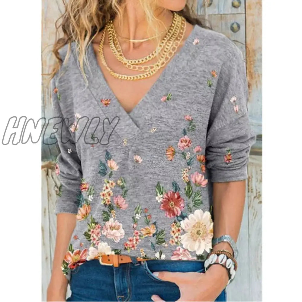 xsrrr Women's Clothing Autumn and Winter New Fashion Women's V-neck Flower Print Long-sleeved Casual Loose T-shirt Plus Size Spring Outfits Trends