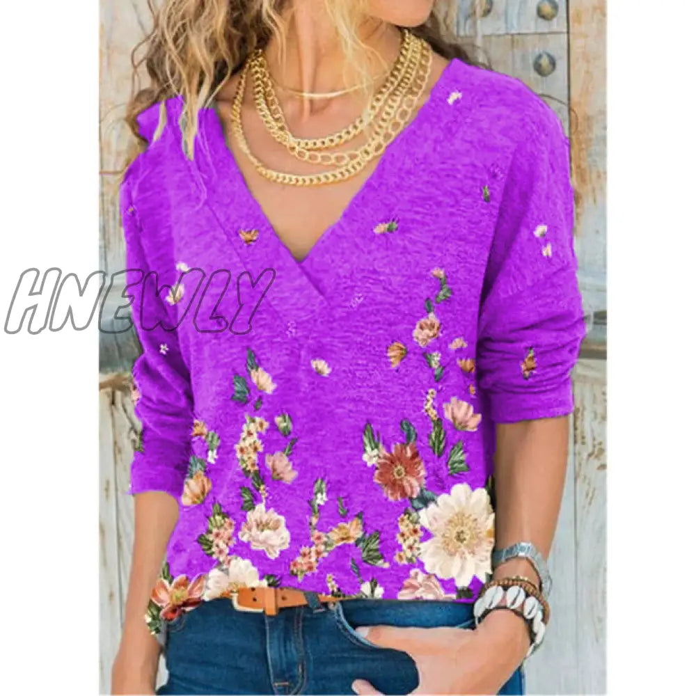 xsrrr Women's Clothing Autumn and Winter New Fashion Women's V-neck Flower Print Long-sleeved Casual Loose T-shirt Plus Size Spring Outfits Trends