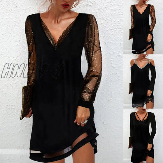 xsrrr Women's Dress Sexy Lace Mesh Patchwork Long Sleeve Dress Solid Elegant Party Dresses Fashion Casual Streetwear Bodycon Dress Prom Dresses