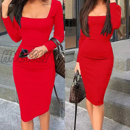 xsrrr Womens Elegant Fashion Sexy Black Blue Red Cocktail Party Slim Fit Dresses Square Collar Long Sleeve Design Bodycon Midi Dress New Year Party Dress