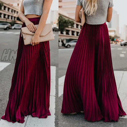 xsrrr Women's High Waist Pleated Chiffon Long Maxi Skirt Full Length Solid Color Summer Swing Casual Skirts