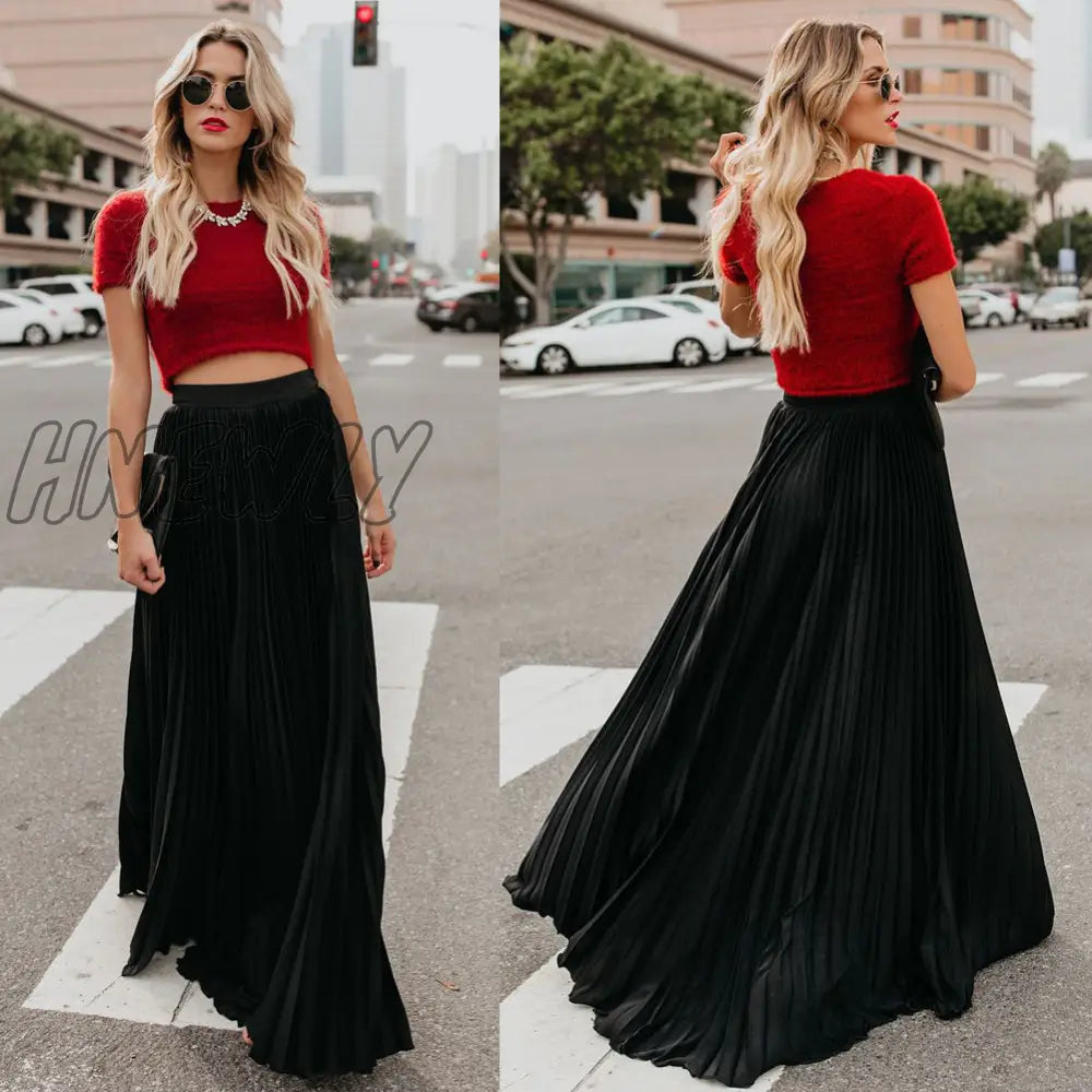 xsrrr Women's High Waist Pleated Chiffon Long Maxi Skirt Full Length Solid Color Summer Swing Casual Skirts