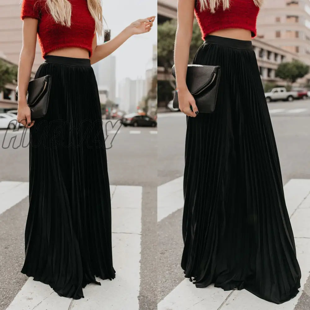 xsrrr Women's High Waist Pleated Chiffon Long Maxi Skirt Full Length Solid Color Summer Swing Casual Skirts