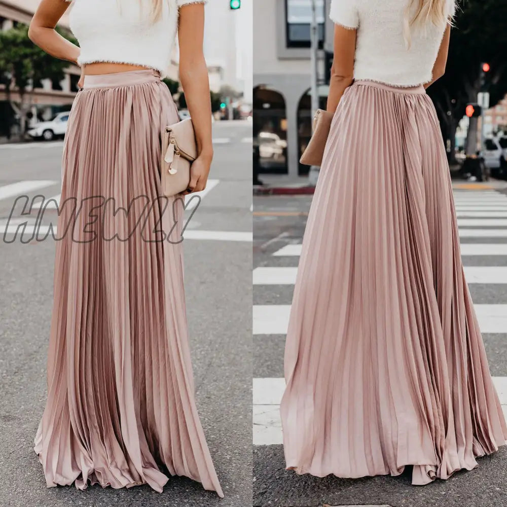 xsrrr Women's High Waist Pleated Chiffon Long Maxi Skirt Full Length Solid Color Summer Swing Casual Skirts