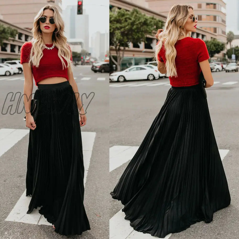 xsrrr Women's High Waist Pleated Chiffon Long Maxi Skirt Full Length Solid Color Summer Swing Casual Skirts