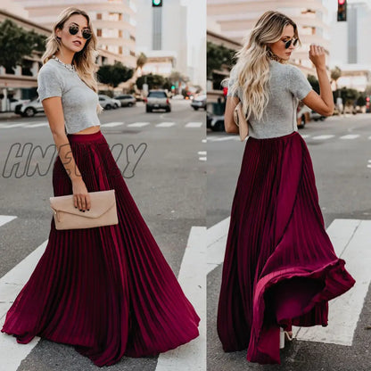 xsrrr Women's High Waist Pleated Chiffon Long Maxi Skirt Full Length Solid Color Summer Swing Casual Skirts