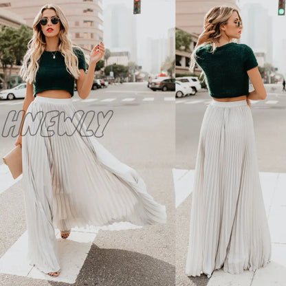 xsrrr Women's High Waist Pleated Chiffon Long Maxi Skirt Full Length Solid Color Summer Swing Casual Skirts