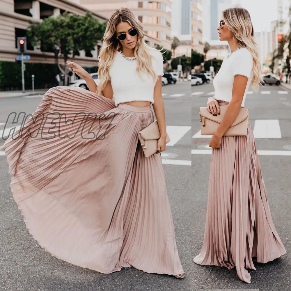 xsrrr Women's High Waist Pleated Chiffon Long Maxi Skirt Full Length Solid Color Summer Swing Casual Skirts