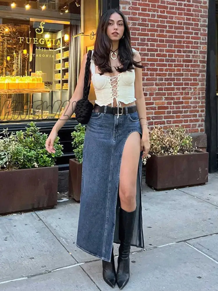 xsrrr Women's High Waist Slit Denim Skirt Fashion Streetwear Summer Long Skirt Button Ankle-length Casual Retro Skirts New