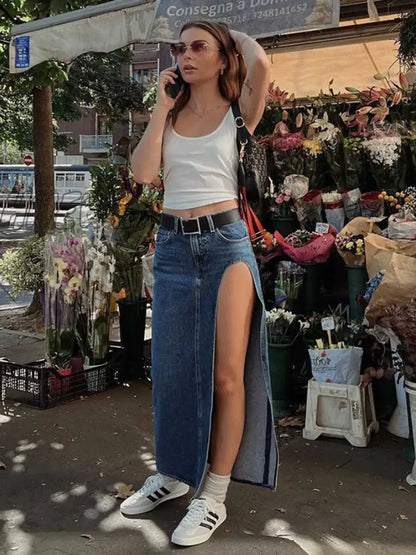 xsrrr Women's High Waist Slit Denim Skirt Fashion Streetwear Summer Long Skirt Button Ankle-length Casual Retro Skirts New