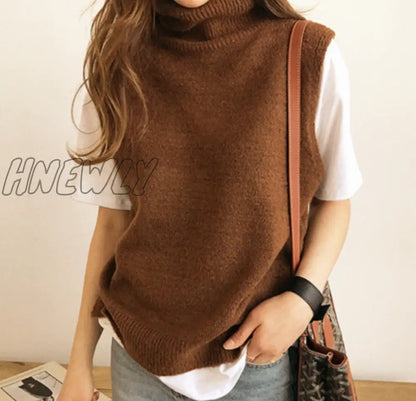 Hnewly Women's Knitted Angora Rabbit Cashmere Wool Turtleneck Vest Side Slit Winter Female Wool Sweater Sleeveless Waistcoat New Vogue