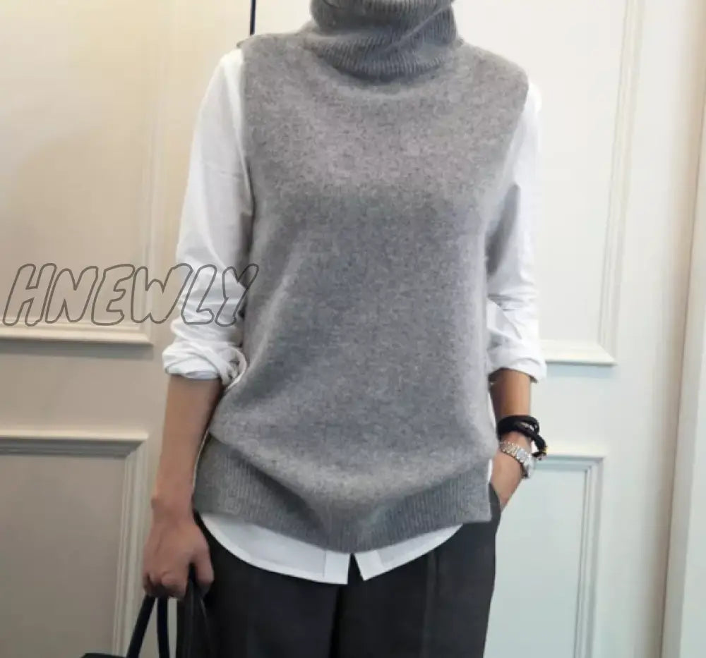 Hnewly Women's Knitted Angora Rabbit Cashmere Wool Turtleneck Vest Side Slit Winter Female Wool Sweater Sleeveless Waistcoat New Vogue