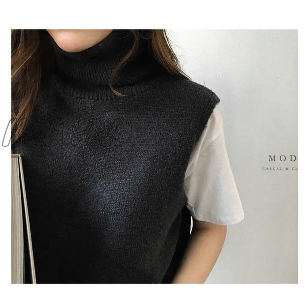 Hnewly Women's Knitted Angora Rabbit Cashmere Wool Turtleneck Vest Side Slit Winter Female Wool Sweater Sleeveless Waistcoat New Vogue