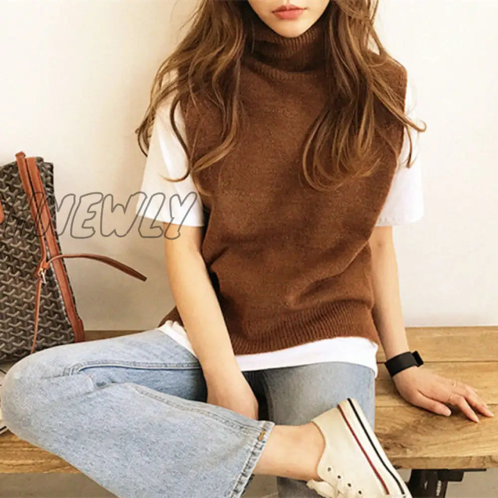 Hnewly Women's Knitted Angora Rabbit Cashmere Wool Turtleneck Vest Side Slit Winter Female Wool Sweater Sleeveless Waistcoat New Vogue