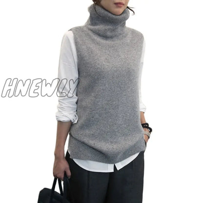 Hnewly Women's Knitted Angora Rabbit Cashmere Wool Turtleneck Vest Side Slit Winter Female Wool Sweater Sleeveless Waistcoat New Vogue