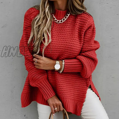 Hnewly Women's Knitted Sweater Fashion Round Neck Lantern Long-Sleeved Pullover Blouse Ladies Winter Leisure Loose Slit Women Sweater