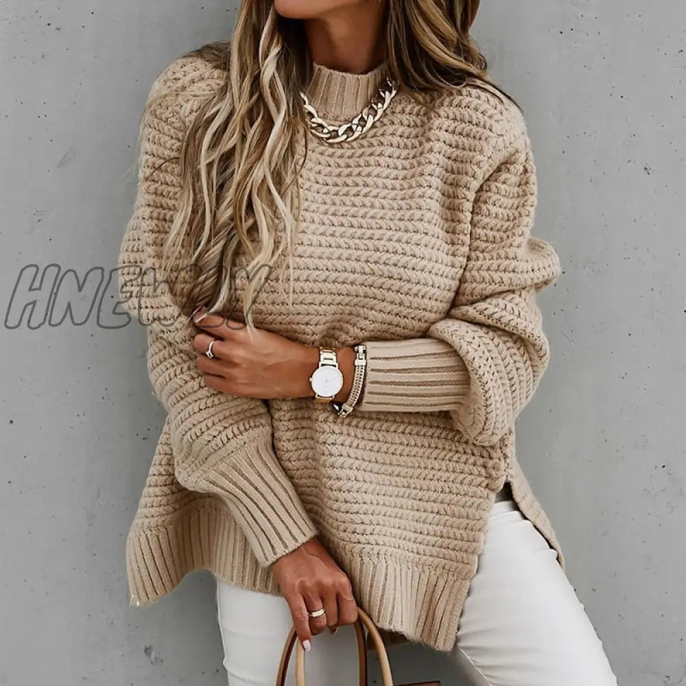 Hnewly Women's Knitted Sweater Fashion Round Neck Lantern Long-Sleeved Pullover Blouse Ladies Winter Leisure Loose Slit Women Sweater