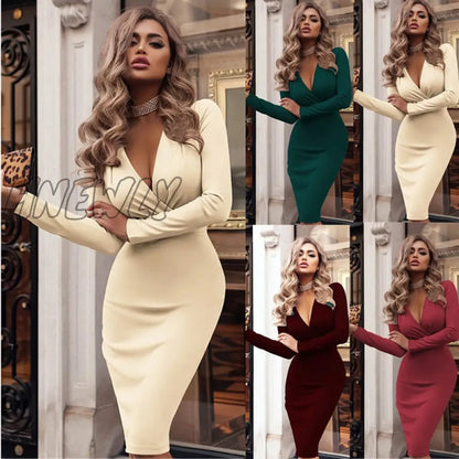 xsrrr Women's New Fashion Clothing Sexy V-Neck Folds Buttocks Party Dress Elegant Temperament Solid Long Sleeve Slim Dresses