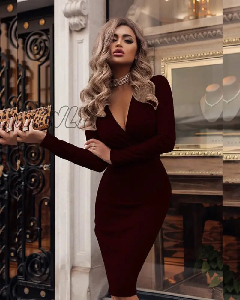 xsrrr Women's New Fashion Clothing Sexy V-Neck Folds Buttocks Party Dress Elegant Temperament Solid Long Sleeve Slim Dresses