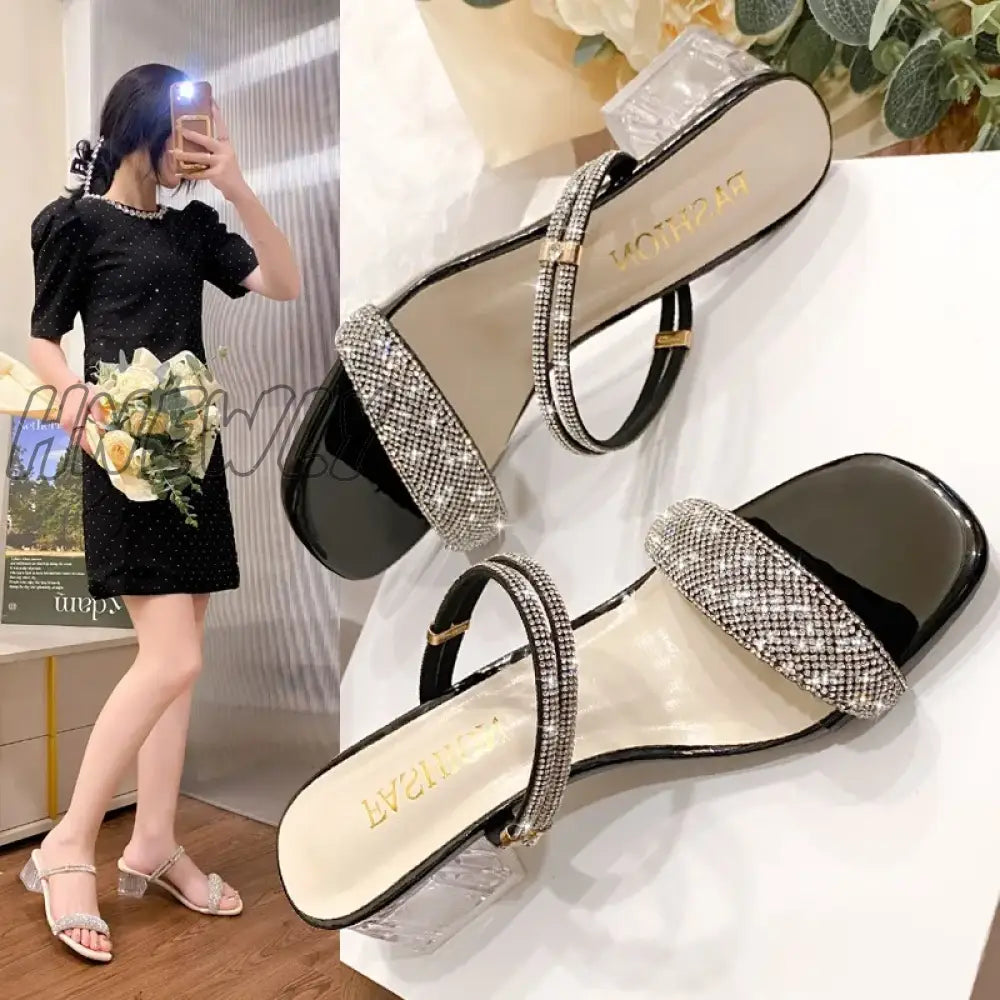 Hnewly Women's Sandals 2024 Summer New Fashion Rhinestone High Heels Slippers Female Buckle Party Shoes for Women Zapatos De Mujer