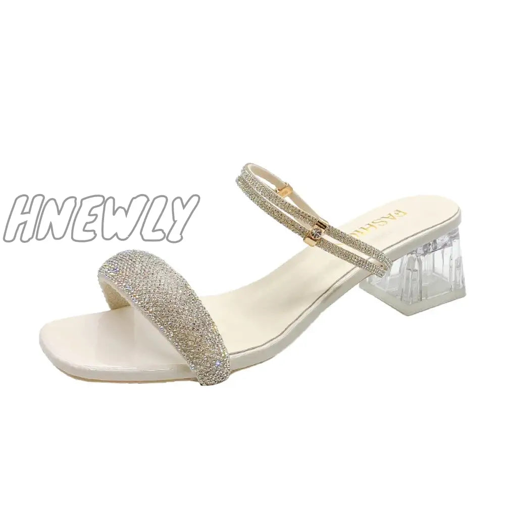 Hnewly Women's Sandals 2024 Summer New Fashion Rhinestone High Heels Slippers Female Buckle Party Shoes for Women Zapatos De Mujer