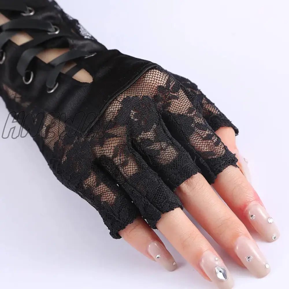 xsrrr Womens Sexy Elbow Length Punk Fingerless Lace Up Arm Warmer Lace Gloves, Black,White，Halloween Punk  Cosplay One Size