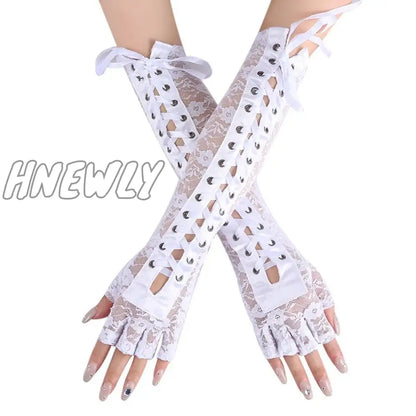 xsrrr Womens Sexy Elbow Length Punk Fingerless Lace Up Arm Warmer Lace Gloves, Black,White，Halloween Punk  Cosplay One Size