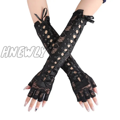 xsrrr Womens Sexy Elbow Length Punk Fingerless Lace Up Arm Warmer Lace Gloves, Black,White，Halloween Punk  Cosplay One Size