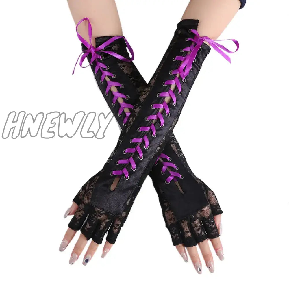 xsrrr Womens Sexy Elbow Length Punk Fingerless Lace Up Arm Warmer Lace Gloves, Black,White，Halloween Punk  Cosplay One Size