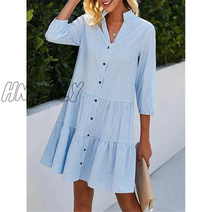 xsrrr Women's Shirt Dress Casual Dress Cotton Linen Dress Mini Dress Cotton Cotton Blend Fashion Modern Outdoor Daily Date Split Neck Button Print 3/4 Length Sleeve Summer Spring Fall 2024 Loose Fit Blue