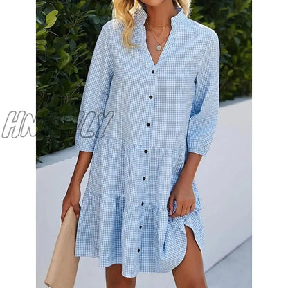 xsrrr Women's Shirt Dress Casual Dress Cotton Linen Dress Mini Dress Cotton Cotton Blend Fashion Modern Outdoor Daily Date Split Neck Button Print 3/4 Length Sleeve Summer Spring Fall 2024 Loose Fit Blue