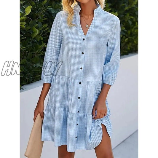 xsrrr Women's Shirt Dress Casual Dress Cotton Linen Dress Mini Dress Cotton Cotton Blend Fashion Modern Outdoor Daily Date Split Neck Button Print 3/4 Length Sleeve Summer Spring Fall 2024 Loose Fit Blue