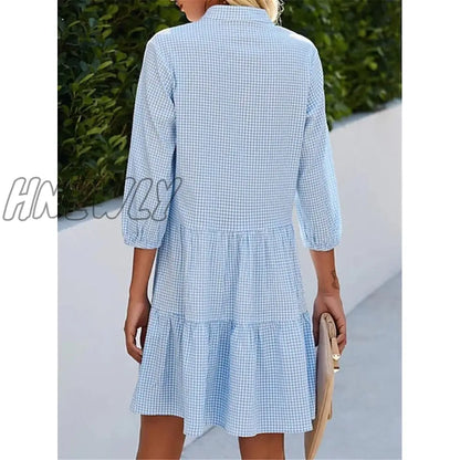 xsrrr Women's Shirt Dress Casual Dress Cotton Linen Dress Mini Dress Cotton Cotton Blend Fashion Modern Outdoor Daily Date Split Neck Button Print 3/4 Length Sleeve Summer Spring Fall 2024 Loose Fit Blue