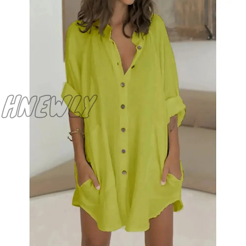 xsrrr Women's Shirt Dress Casual Dress Mini Dress White Green Long Sleeve Pure Color Button Fall Spring Summer Shirt Collar Basic Daily Fall Dress Loose Fit M L XL 2XL 3XL