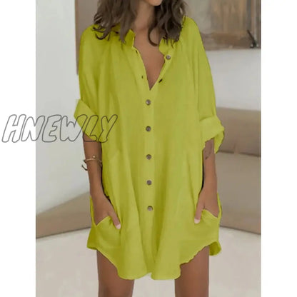 xsrrr Women's Shirt Dress Casual Dress Mini Dress White Green Long Sleeve Pure Color Button Fall Spring Summer Shirt Collar Basic Daily Fall Dress Loose Fit M L XL 2XL 3XL