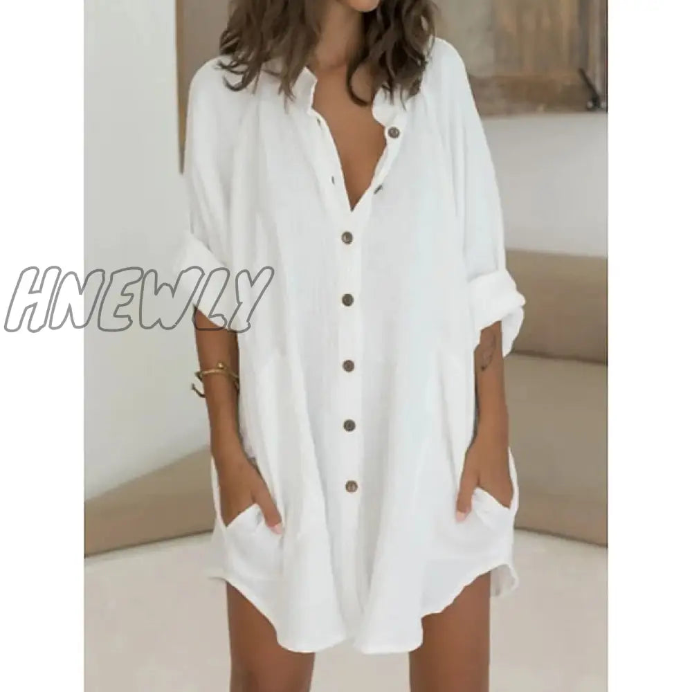 xsrrr Women's Shirt Dress Casual Dress Mini Dress White Green Long Sleeve Pure Color Button Fall Spring Summer Shirt Collar Basic Daily Fall Dress Loose Fit M L XL 2XL 3XL