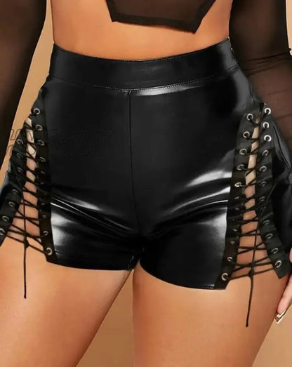 xsrrr Women's Shorts Summer Fashion Sexy Buckled High Waist Plain Skinny Daily Above Knee Pu Leather Shorts Above Knee