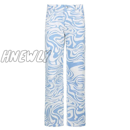 xsrrr Women's straight leg jeans spring and summer new blue animal print loose street casual print washed women's jeans and trousers