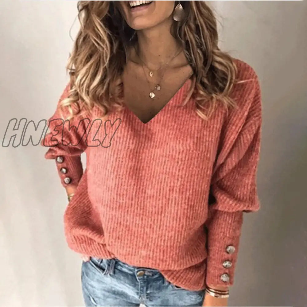 Hnewly Women's Sweaters Autumn Winter Elegant Solid Color V-Neck Long Sleeve Pullover Tops Female Fashion Button Knitted Sweaters