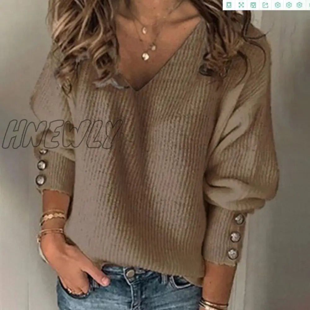 Hnewly Women's Sweaters Autumn Winter Elegant Solid Color V-Neck Long Sleeve Pullover Tops Female Fashion Button Knitted Sweaters